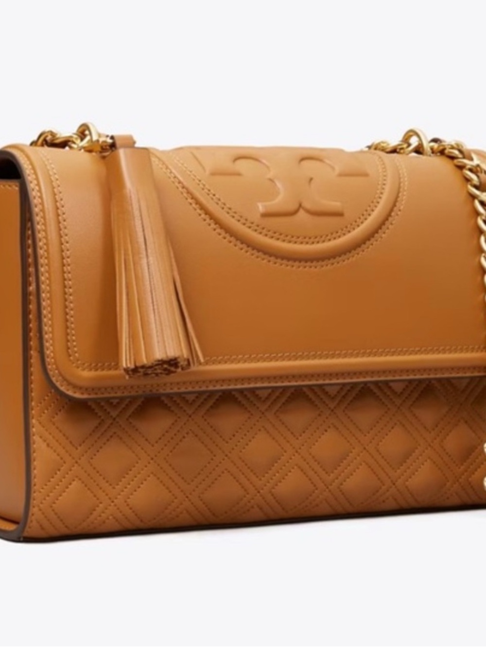 Tory Burch Quilted Leather Shoulder Bag with Tassel in Camel